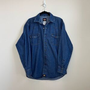 Dickies Long Sleeve Snap Front Denim Shirt - Stone Washed Indigo Blue Size M